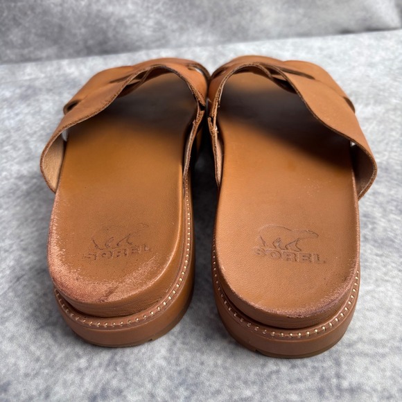 SOREL Women's Roaming Criss Cross Slide Sandal in Camel Brown Leather Size 7.5 - Picture 6 of 10